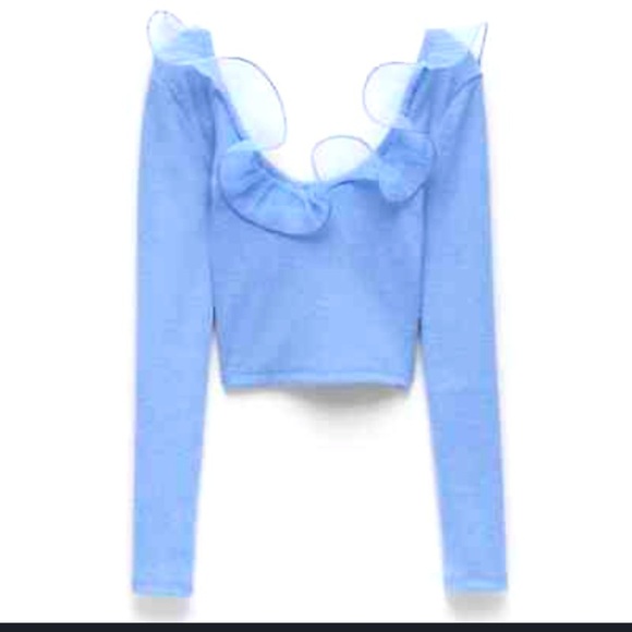 Chic Blue Ruffle Top organza Zara knit crop top summer Classic bloggers fav - Picture 1 of 4